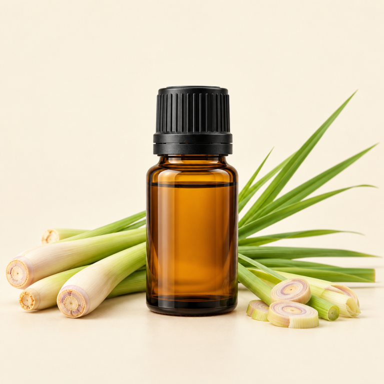 Illustration of an amber essential oil bottle and lemongrass, not actual product packaging