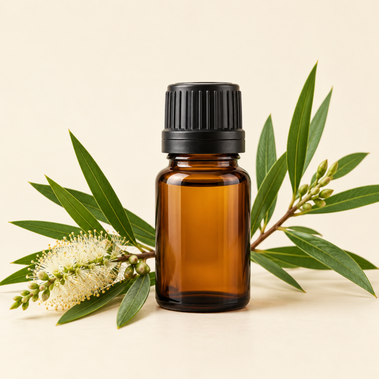 Illustration of an amber essential oil bottle and cajeput, not actual product packaging