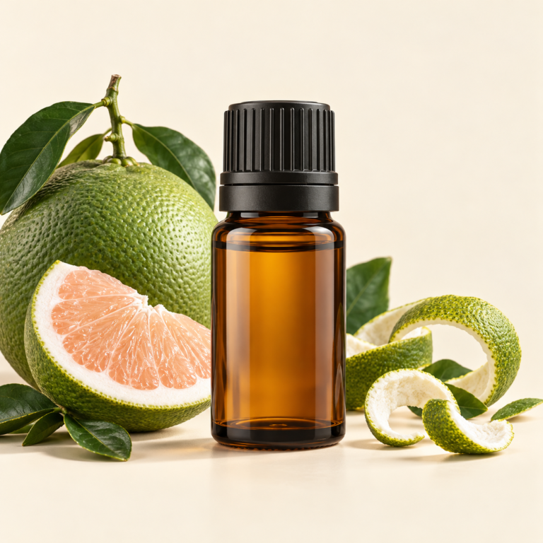 Illustration of an amber essential oil bottle and pomelo peel, not actual product packaging